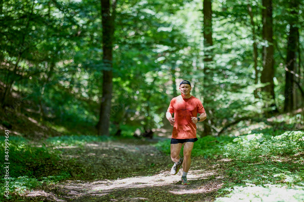 a strong middle-aged man running through the forest a strong middle-aged man running through the forest