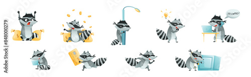 Raccoon Burglar with Striped Tail Wearing Mask Stealing and Hacking Vector Set
