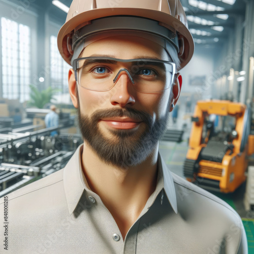 A striking male engineer with a modern grooming style stands assuredly in a modern industrial setting photo