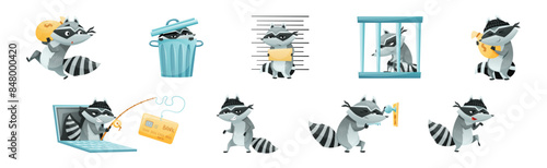 Raccoon Burglar with Striped Tail Wearing Mask Stealing and Hacking Vector Set