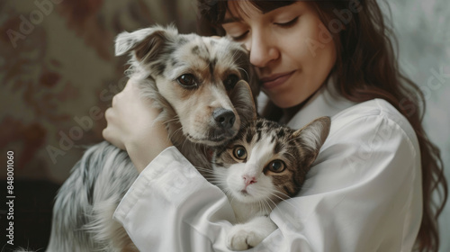 A caring woman embracing her cat and dog with love, representing the bond between humans and pets photo