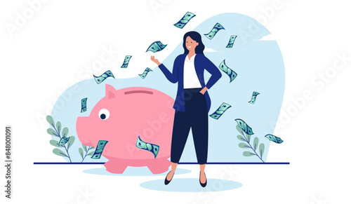 Woman saving money - Professional business person with healthy finances enjoying and smiling over savings account, interests and return on investments in front of piggy bank. Flat design vector