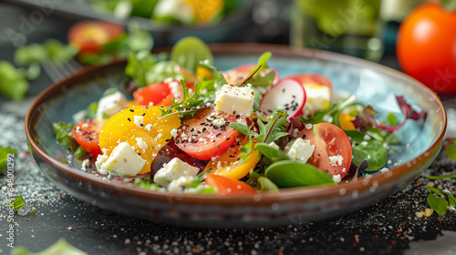 Salade grecque à base de légumes frais et croquants et de feta, régime minceur pour l'été, salade de vacances au restaurant présentée dans une assiette en céramique photo
