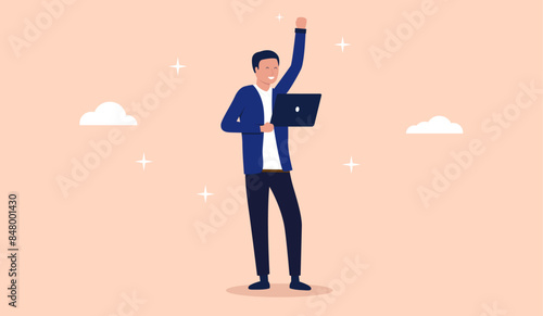 Cheerful man with computer - IT developer person standing holding laptop and hand raised in the air smiling and being happy over achievement and small victory at work. Flat design vector illustration