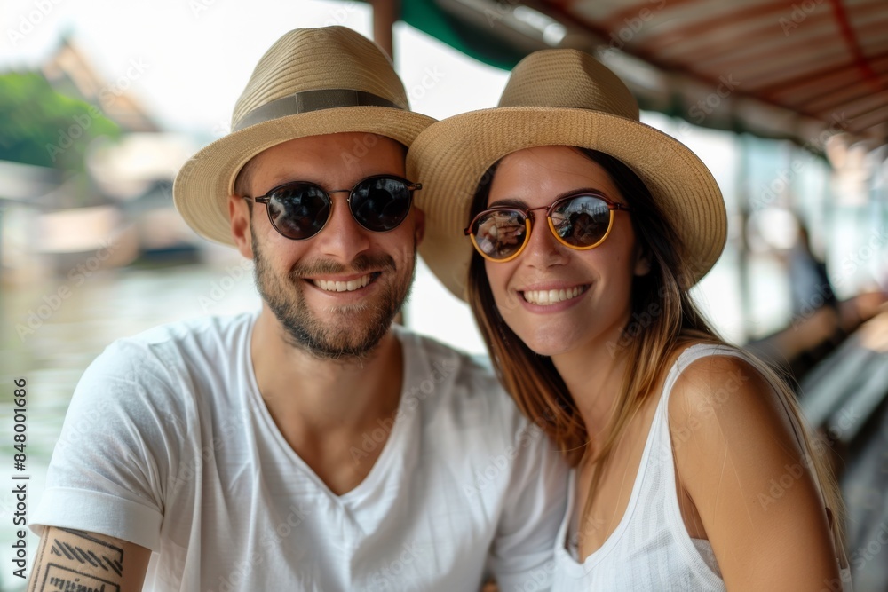 Smiling couple wearing sunglasses and hats on a boat in Thailand Smiling couple wearing sunglasses and hats on a boat in Thailand