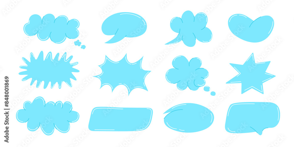 Fototapeta premium Blue Speech Bubbles and Thought Clouds Vector set. Comic School sticker for collage, note