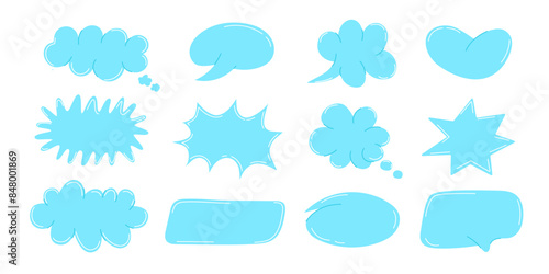 Blue Speech Bubbles and Thought Clouds Vector set. Comic School sticker for collage, note