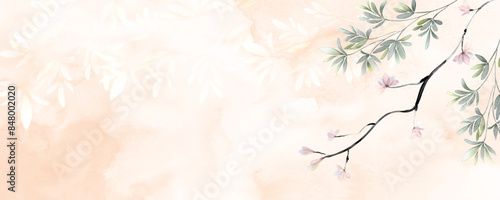 Abstract background with flowers leaves branch on stains watercolor