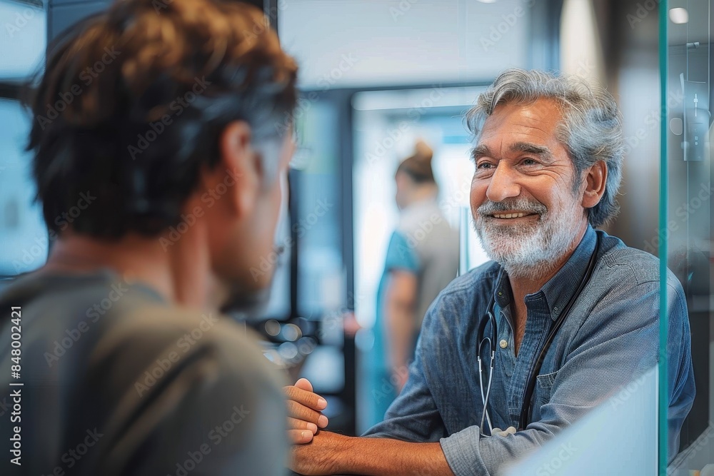 Fototapeta premium Portrait of an elderly man with a joyful smile while conversing in a brightly-lit modern space
