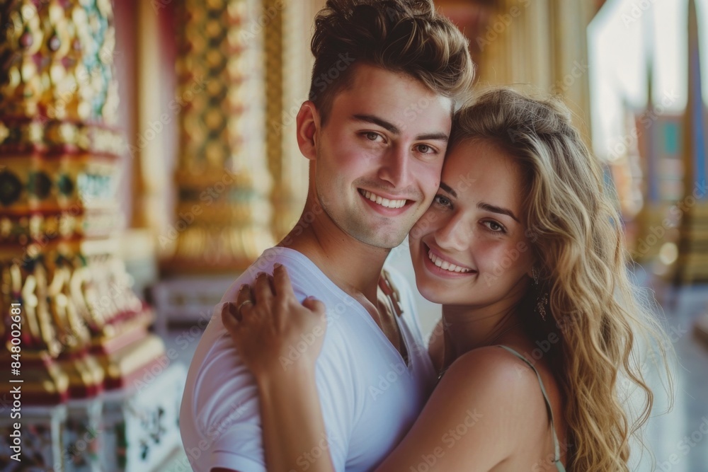 Fototapeta premium Young couple smiles for the camera while standing close together