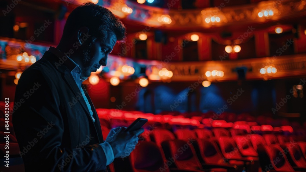 Man using phone in empty, dimly lit theater Man using phone in empty, dimly lit theater