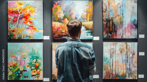 Person viewing colorful abstract art in gallery © Artyom