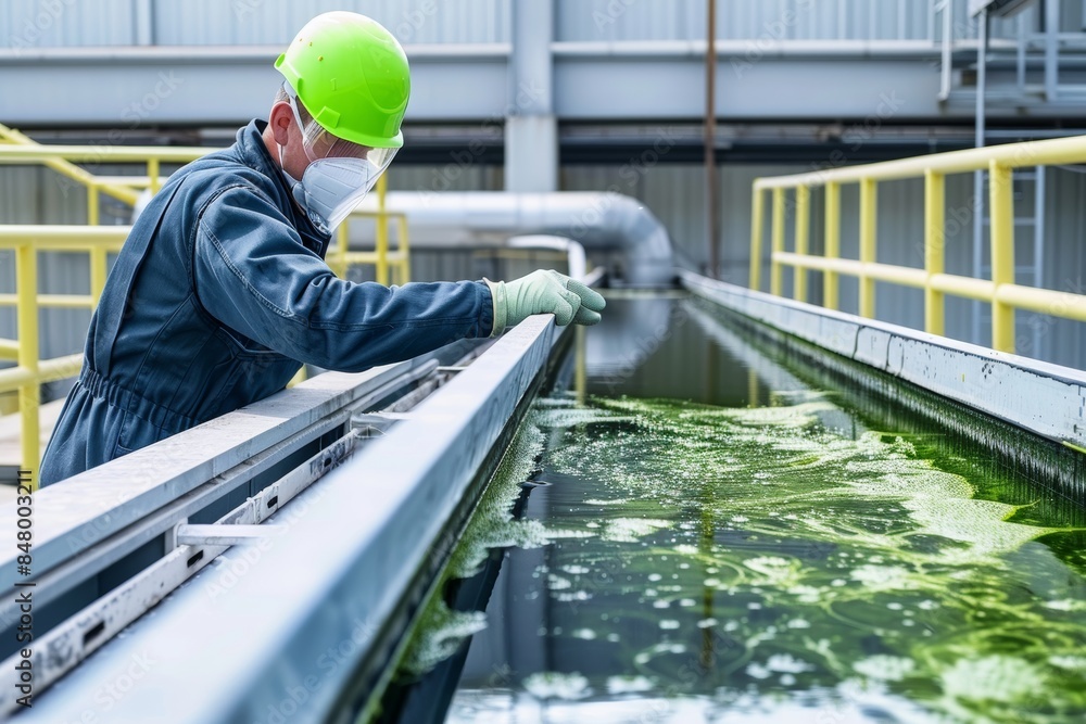 industrial worker wearing protective gear working on algae facility pool, microalgae biorefineries industry for biofuel production industrial worker wearing protective gear working on algae facility pool, microalgae biorefineries industry for biofuel production
