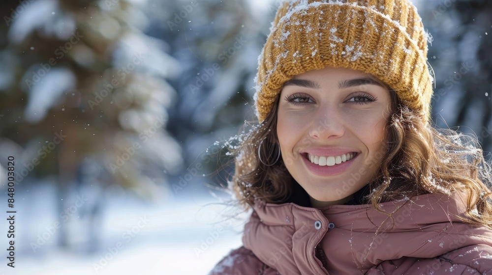 A radiant woman smiles outdoors wearing a winter hat and surrounded by falling snow A radiant woman smiles outdoors wearing a winter hat and surrounded by falling snow