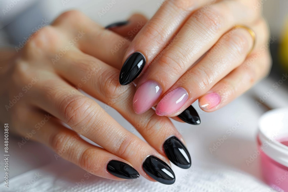 Exquisite hand showing a professional manicure with a glossy black and subtle pink nails demonstrating personal care and beauty Exquisite hand showing a professional manicure with a glossy black and subtle pink nails demonstrating personal care and beauty