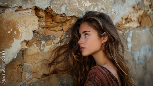 Side view of pensive young woman with long hair against worn wall