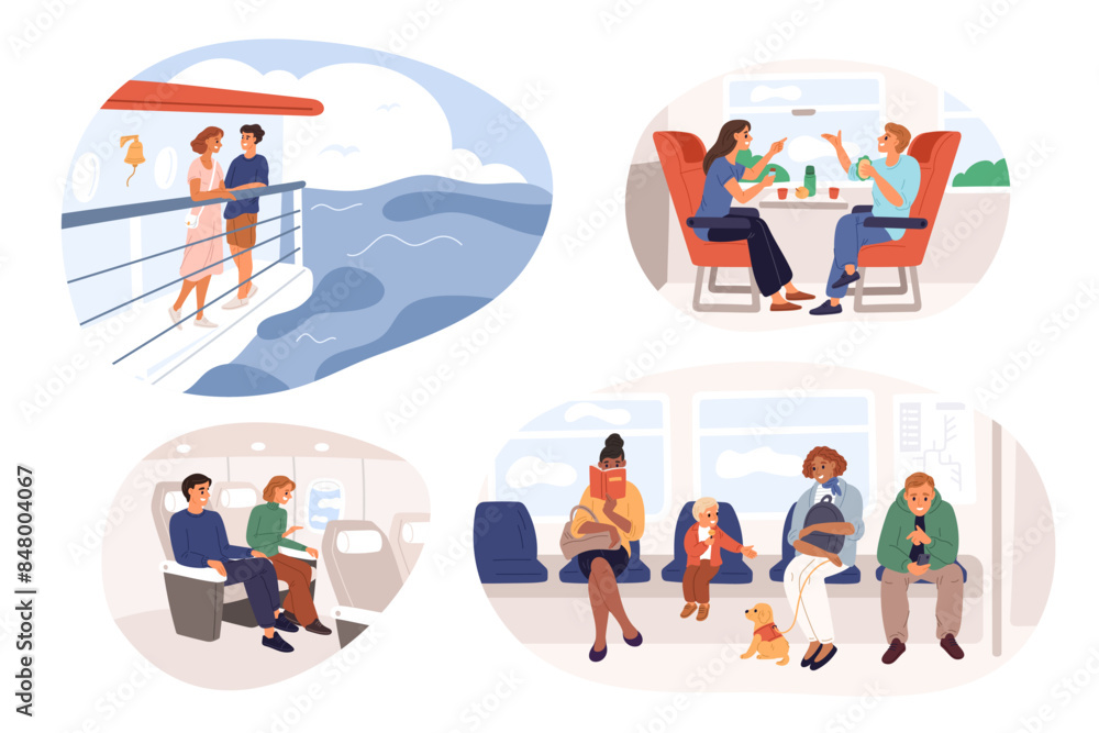 People travel by different transport. Passengers stand. Couple sitting on bus seats. Ship journey. Train traffic. Plane flight and subway trip. Persons transportation. Garish vector set People travel by different transport. Passengers stand. Couple sitting on bus seats. Ship journey. Train traffic. Plane flight and subway trip. Persons transportation. Garish vector set
