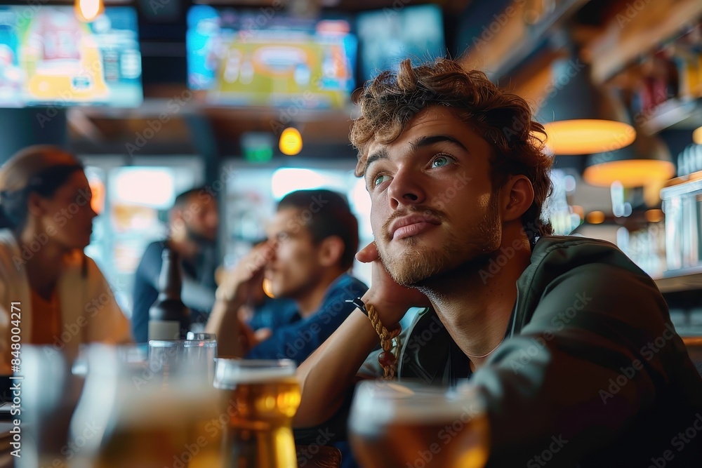 A pensive young man sits with his chin rested on his hand at a bar with people and TV screens in the background A pensive young man sits with his chin rested on his hand at a bar with people and TV screens in the background