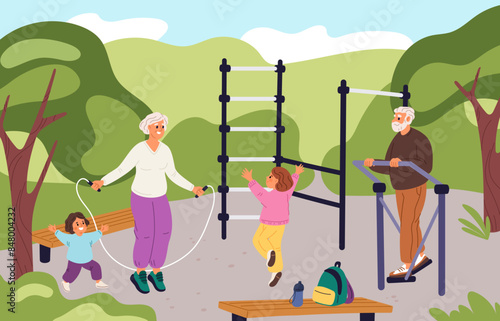 People on street workout. Elderly couple with children train on sport field. City fitness equipment. Kids playing at gymnastic turnstiles. Granny jumping rope. Garish vector concept