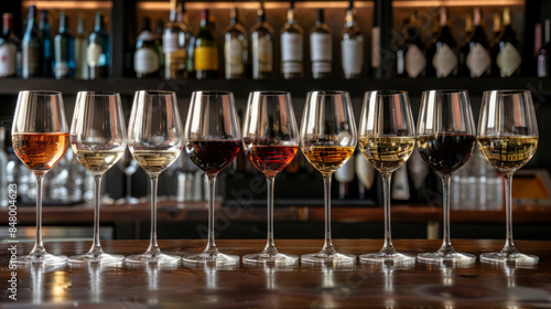 Assorted wine glasses in a row on a bar counter photo