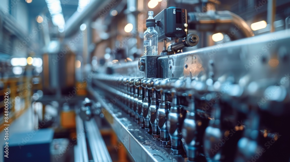 Modern automated bottling line for processing and bottling pure mineral water into bottles. Modern automated bottling line for processing and bottling pure mineral water into bottles.