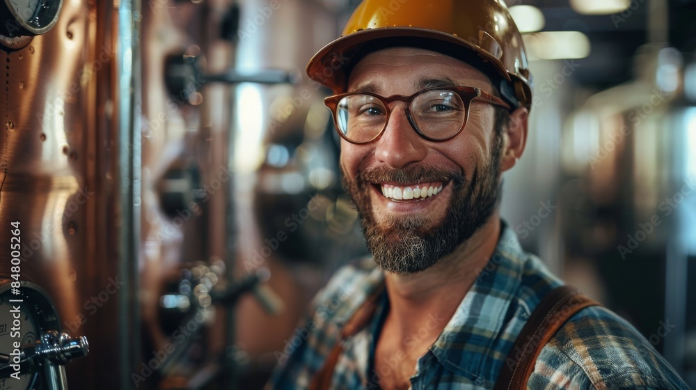 Smiling brewery worker overseeing beer filtration process in a craft beer factory Smiling brewery worker overseeing beer filtration process in a craft beer factory