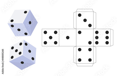 Casino dices scan scheme. Printable template for assembling. 3D gambling plastic cubes. White craps with black dots. Cut and fold DIY. Origami assemblage. Fortune play. Vector paper craft