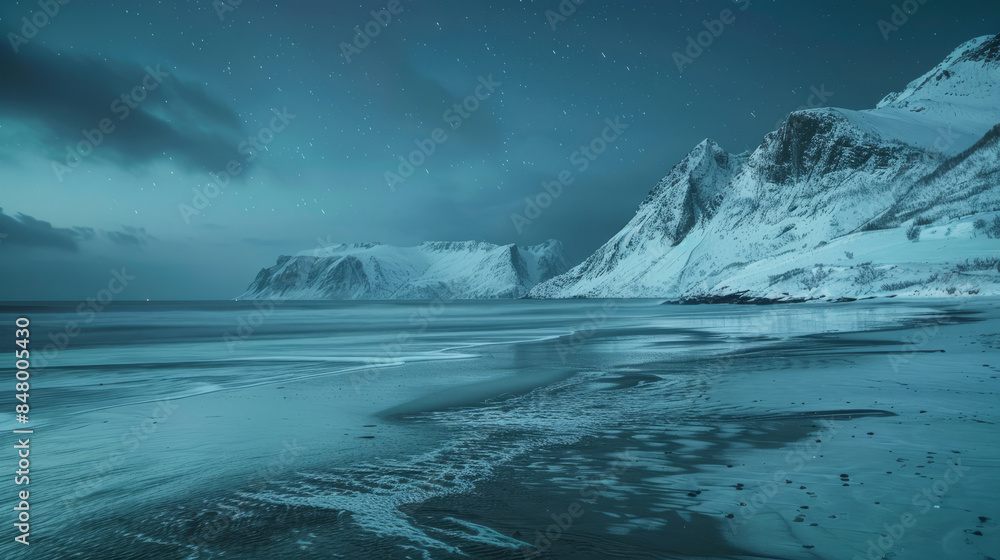 Beautiful winter night at Haukland Beach, Lofoten Islands, Norway Beautiful winter night at Haukland Beach, Lofoten Islands, Norway