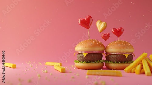 A whimsical 2d illustration captures the essence of true love between a hamburger and french fries playfully showcasing their inseparable bond photo