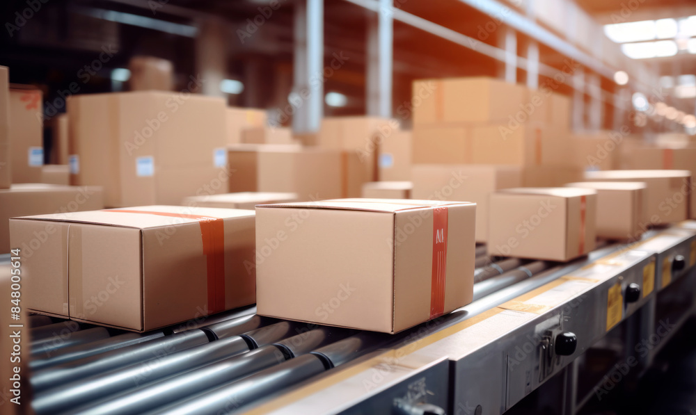 Cardboard boxes moving on a conveyor belt in a warehouse center. Delivery and logistics automation concept Cardboard boxes moving on a conveyor belt in a warehouse center. Delivery and logistics automation concept