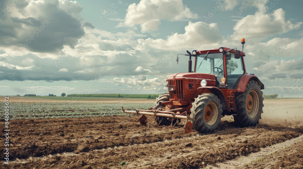 Old red tractor leveling the field under a cloudy sky Old red tractor leveling the field under a cloudy sky