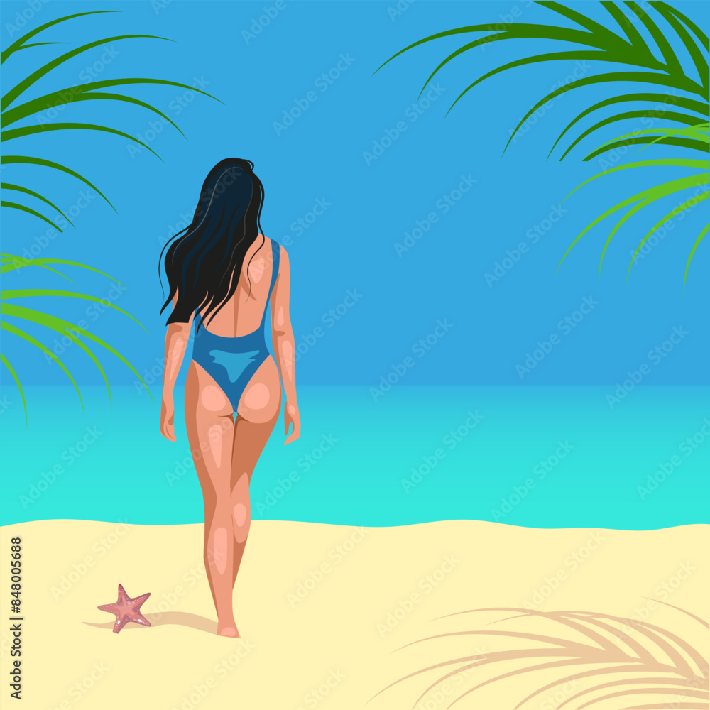 Vector summer time banner with beautiful girl in bikini on the ocean coast. Travel and vacation illustration