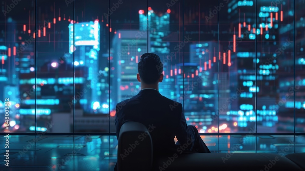 Businessman Looking at Trading Graph on The Cityscape at Night Businessman Looking at Trading Graph on The Cityscape at Night
