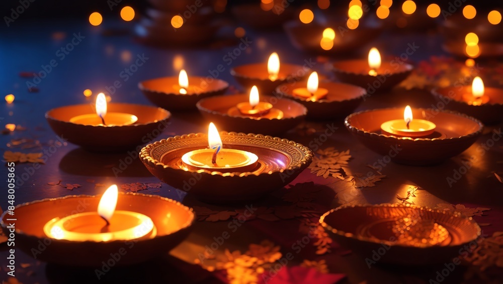 several lit clay oil lamps, or diyas, on a dark surface. several lit clay oil lamps, or diyas, on a dark surface.