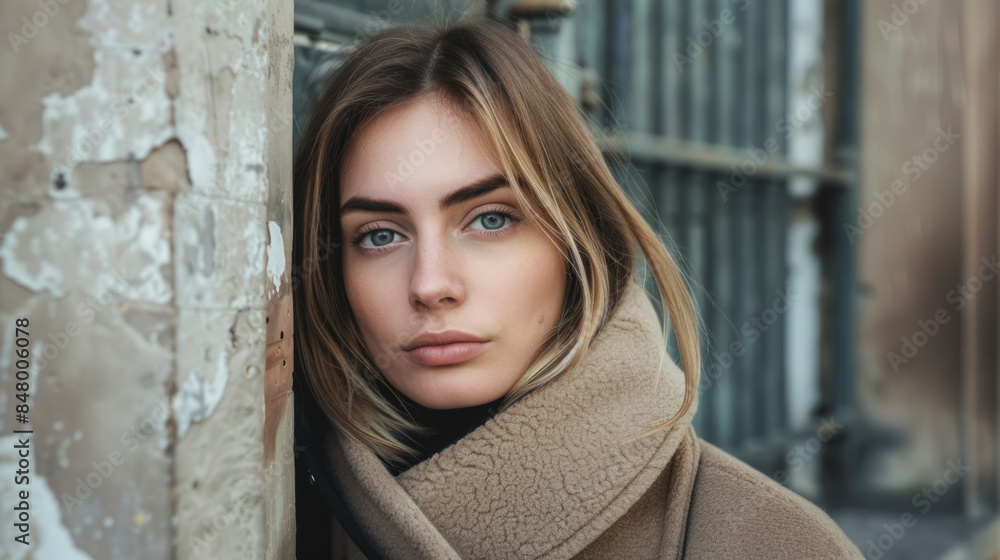 Pensive woman in coat looking at camera in urban setting Pensive woman in coat looking at camera in urban setting