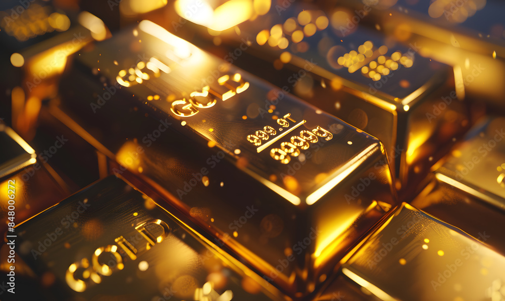 Close-up of gold bars with intricate engravings, reflecting ambient light, symbolizing luxury and stability Close-up of gold bars with intricate engravings, reflecting ambient light, symbolizing luxury and stability