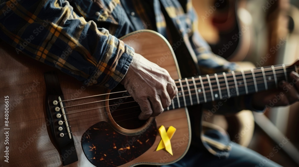 Obraz premium Man in plaid shirt playing guitar with yellow ribbon