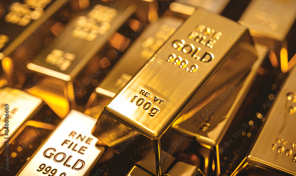 Close-up of gold bars with intricate engravings, reflecting ambient light, symbolizing luxury and stability Close-up of gold bars with intricate engravings, reflecting ambient light, symbolizing luxury and stability