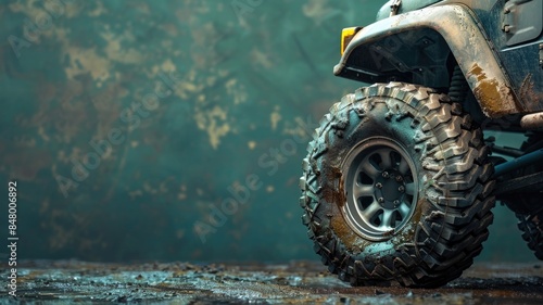 Rugged off-road vehicle tire with muddy terrain, partial front view photo