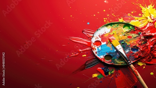 Wallpaper Mural Colorful palette and paintbrush with vibrant splashes on red background Torontodigital.ca