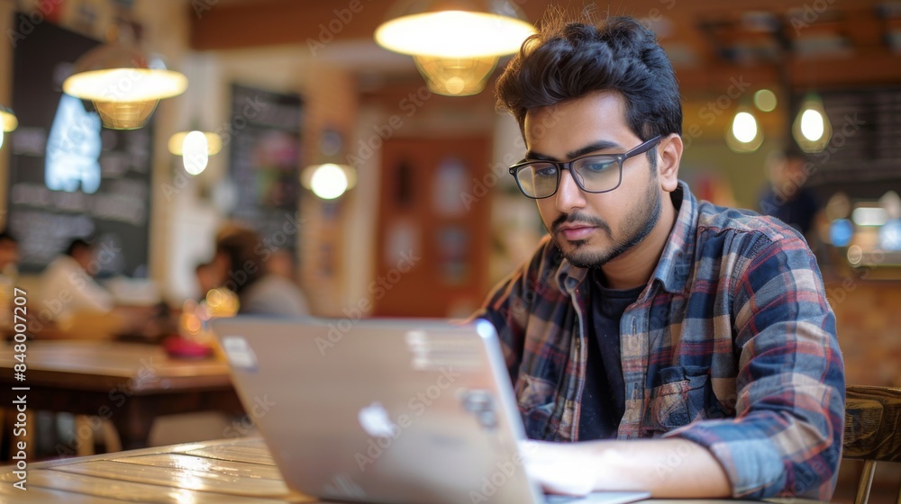 Man wearing glasses and plaid shirt sits at a wooden table in a cafe, working on a laptop computer Man wearing glasses and plaid shirt sits at a wooden table in a cafe, working on a laptop computer