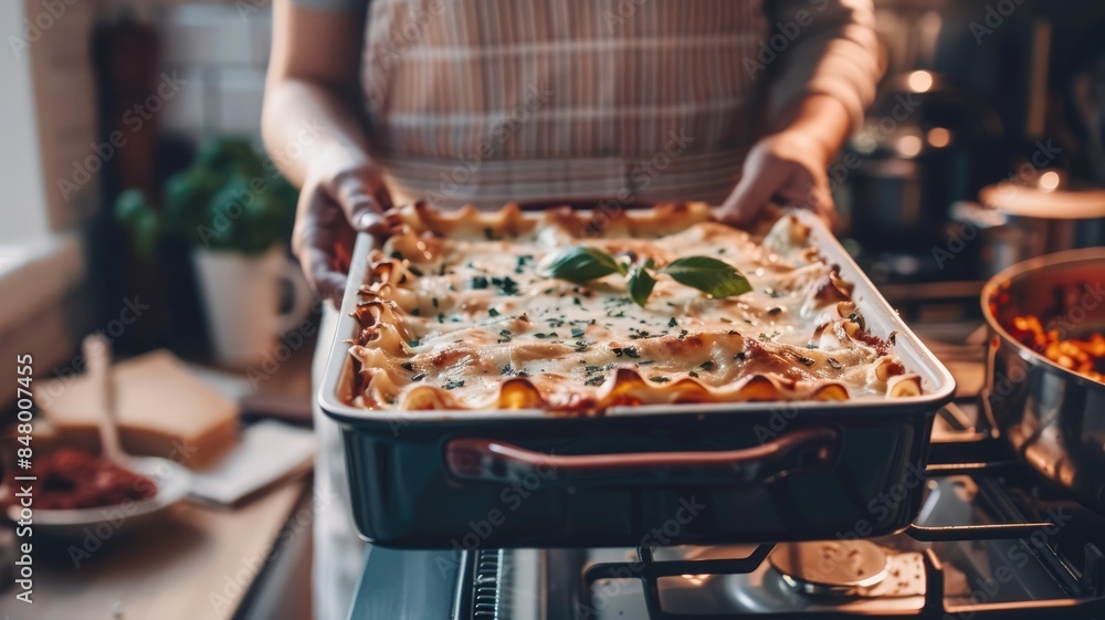 Person holding freshly baked lasagna in kitchen Person holding freshly baked lasagna in kitchen
