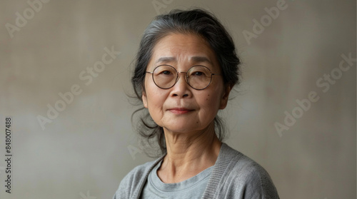  photo of a 60 year old Asian woman. Her expression is thoughtful and calm, and her face is slightly elongated. She wears round glasses with thin frames. Her hair is black and slightly thin photo