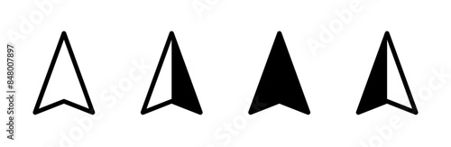 Compass arrow black icon. Navigation point vector illustration. North, south, east and west signs. Direction triangle arrow set.
