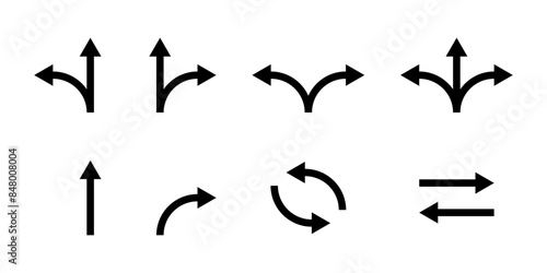 Arrow direction icon set. Way pointer symbol. Turn arrow navigation sign. Traffic route vector illustration.