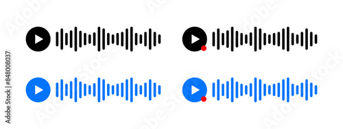 Voice message icon set. Audio message vector illustration. Sound record wave symbol. Podcast sign. Mobile app interface element.