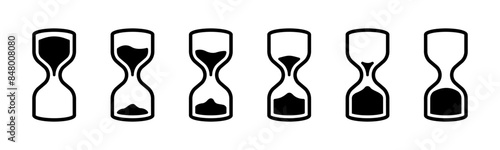 Hourglass timer icon set. Sandglass countdown flow symbol collection. Sand clock vector illustration concept. Sand watches progress indicator graphic silhouette.