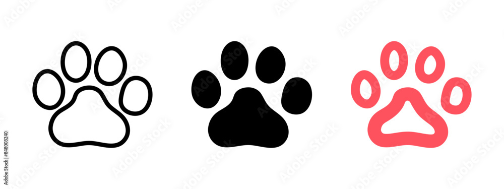 Fototapeta premium Paw icon. Pet footprint symbol. Vet logo. Veterinarian service sign. Animal pictogram. Cat and dog track. Puppy icon.