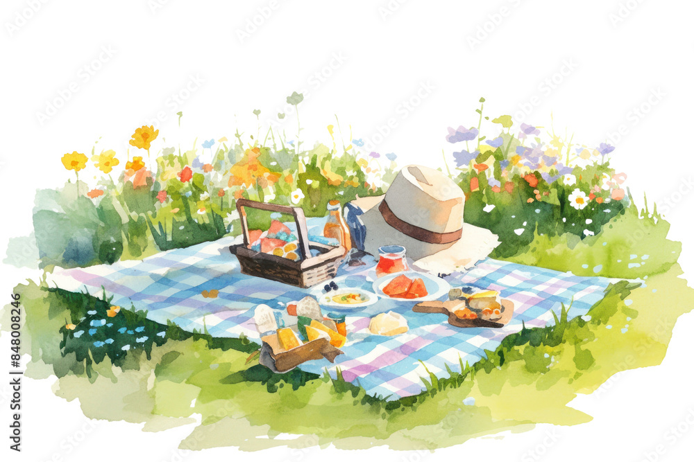 Obraz premium Picnic Basket With A Hat On Top Of It Is On A Checkered Blanket In A Field, Watercolor, Illustrations, Isolated On A Transparent Background.