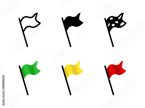 Flag icon set. Start and finish symbols. Red, green and yellow flag vector illustration. Checkered pennant sign. Location emblem.